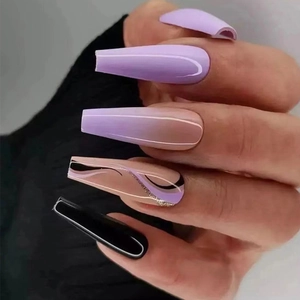 Ballerina Künstliche Fingernägel Schwarz Lila Wellen Farbverlauf Lange Coffin Fake Nails Glänzend Full Cover Damen Fingernägel