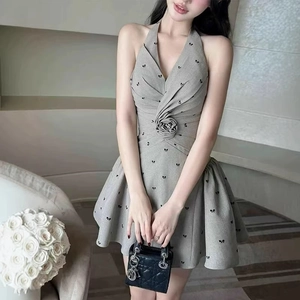 Elegant grey halter mini dress with black bow prints and 3D rose detail on the waist