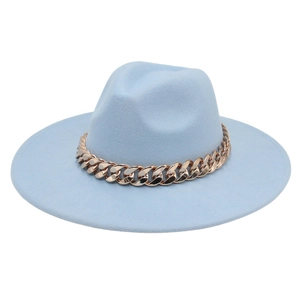 Light blue wide brim felt fedora hat featuring a chunky gold chain strap accessory