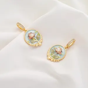 Monet style floral oil painting pendant with natural pearls and golden metal frame