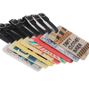 Various PU leather luggage tags with vintage prints and metal buckles in multiple colors