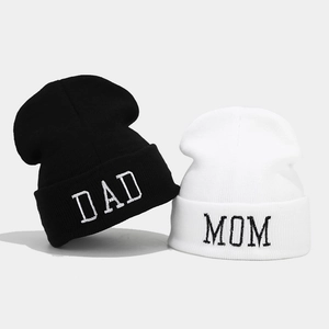 Winter knitted beanies with DAD and MOM embroidery in black and white styles
