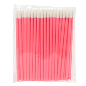 Pack of disposable pink hollow lip brushes with soft white brush tips in clear bag
