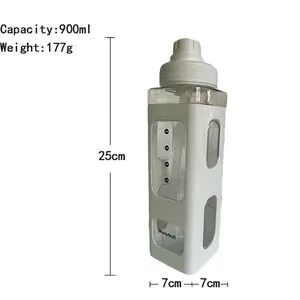 Square 900ml white plastic sports water bottle with protective sleeve and handle