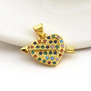 Rainbow cubic zirconia heart and arrow pendant in gold finish for necklace making
