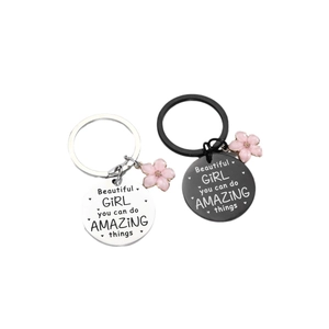 Portachiavi motivazionali in acciaio inossidabile con ciondoli a fiore rosa in argento e nero