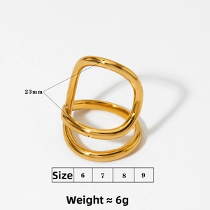 Detail view of irregular twisted gold ring with 23mm height and 6/7/8/9 size specs