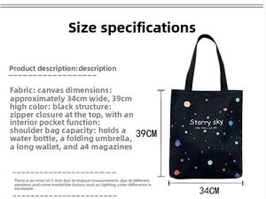 Vue détaillée du sac cabas en toile noire avec fermeture éclair et grand espace intérieur