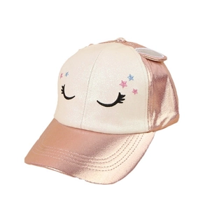 Kids unicorn baseball cap with pink metallic fabric, embroidered eyelashes and cute ears