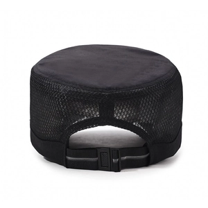 Quick-dry black military flat top cap with breathable mesh panels and adjustable back buckle