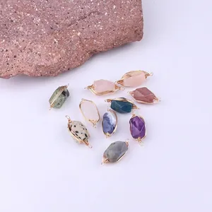 Natural stone rectangular pendants with gold wire wrapping for DIY jewelry making