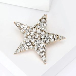 Detailed close-up of a sparkling gold star brooch with clear rhinestone crystals