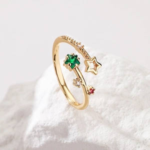 18K gold plated minimalist star open ring featuring multi-colored zircon on mineral stone