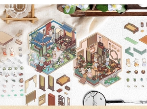 Detailed close-up of 3D Chinese style DIY stickers with miniature pavilions and cute animals