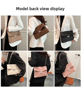 Collage of pleated shoulder bags with chain straps in six different colors on a model