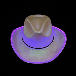 Detail of LED neon glowing western cowboy hat with purple fiber optic light trim