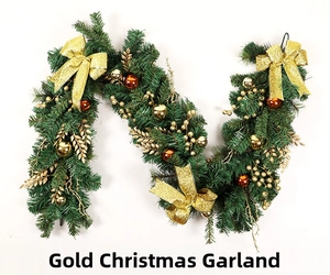 Close-up of golden Christmas garland with glitter bows and vibrant festive ornaments