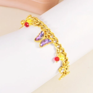 Gold chain bracelet featuring a purple butterfly charm and vibrant multi-color beads