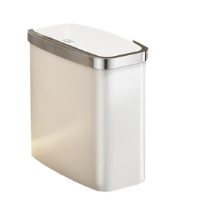 Poubelle étroite blanche avec couvercle à pression et bordure métallique pour salle de bain