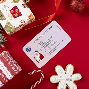 Christmas Santa Claus sleigh flying license card on festive red background with ornaments