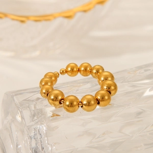 Round Bead Ring Stainless Steel 18K Gold Plated Geometric Adjustable Open Statement Jewelry For Women Elegant Ins Style