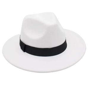 Detailed close-up of white wool fedora hat with elegant black ribbon band detail