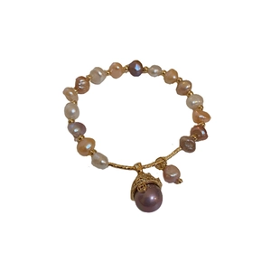 French vintage bracelet featuring colorful freshwater pearls and a gold pendant