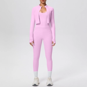 Completo yoga rosa in 3 pezzi con giacca a zip, canotta e leggings a vita alta