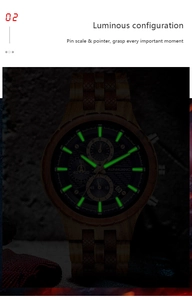 Détail du cadran de la montre en bois avec index et aiguilles luminescents dans l'obscurité