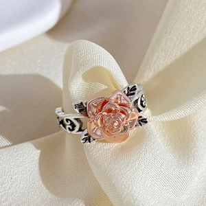 Retro rose flower ring with hollow petals in rose gold and antique silver finish