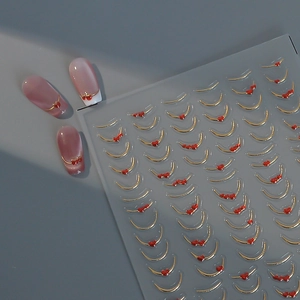 Matte gold French nail art stickers with red hearts and starry hexagram elements