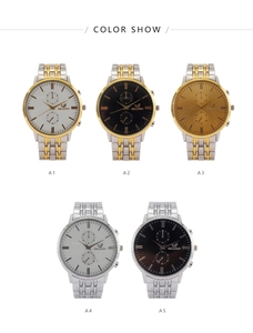 Five styles of Orlando quartz watches showing gold and silver stainless steel strap options