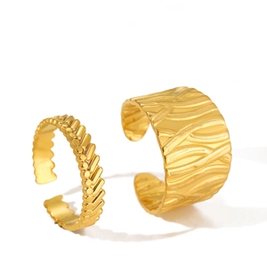 2-piece gold stainless steel open ring set with irregular textured and leaf patterns