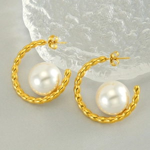 C-Shaped Artificial Pearl Stud Earrings 18K Gold Plated Stainless Steel Vintage Geometric Retro Jewelry For Women