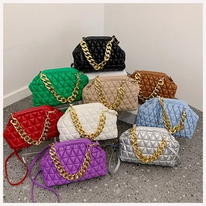 Detailed grid view of quilted faux leather chain bags in various elegant colors