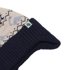 Détail de maille jacquard dinosaure avec poignets côtelés et étiquette latérale