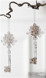 Close-up of elegant clear acrylic key ornaments with sparkling silver and gold sequins