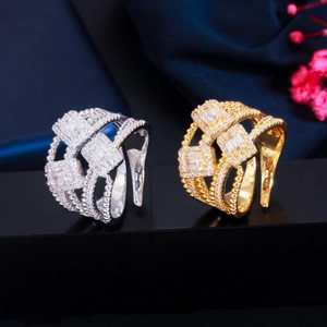 Elegantly layered open rings with AAA cubic zirconia in silver and gold finishes