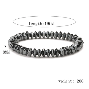 Detail view of 8mm hematite beaded bracelet with 19cm length and geometric facets