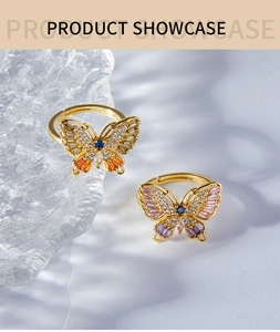 Detail of adjustable butterfly rings featuring vibrant crystals and cubic zirconia