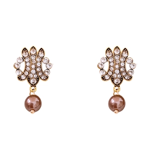 Vintage gold hollow flower earrings with rhinestones and brown pearl drops