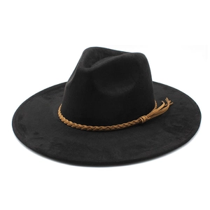 Close-up of black suede fedora hat with brown braided band and wide brim detail