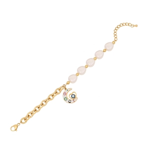Golden eye and moon pendant bracelet with irregular pearls and adjustable chain