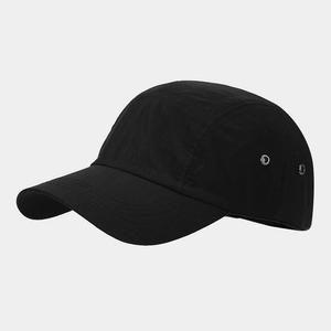 Detail view of quick-dry black five-panel camping cap featuring metal ventilation eyelets
