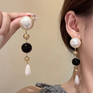 French Vintage Long Drop Earrings With 925 Sterling Silver Earring Post Faux Artificial Pearl Gold Plated Alloy Black Enamel Elegant Niche Jewelry For Women