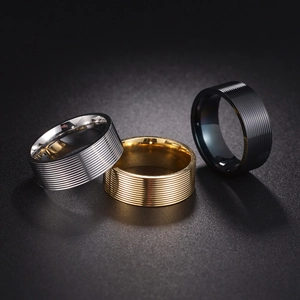 Macro view of 8mm ribbed stainless steel rings in silver, gold, and black colors