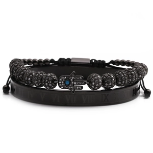 Hamsa hand evil eye beaded bracelet and black Roman numeral bangle set with mirror reflection