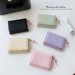 Women Short Wallet PU Leather Tri Fold Card Holder With Bow Pendant Vertical Stripe Embossed Kawaii Coin Purse For Girls