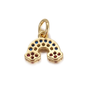Macro detail of a 18K gold-plated rainbow pendant with colorful cubic zirconia stones