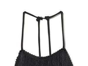 Detail of black velvet halter dress showing fine stitching and pleated texture